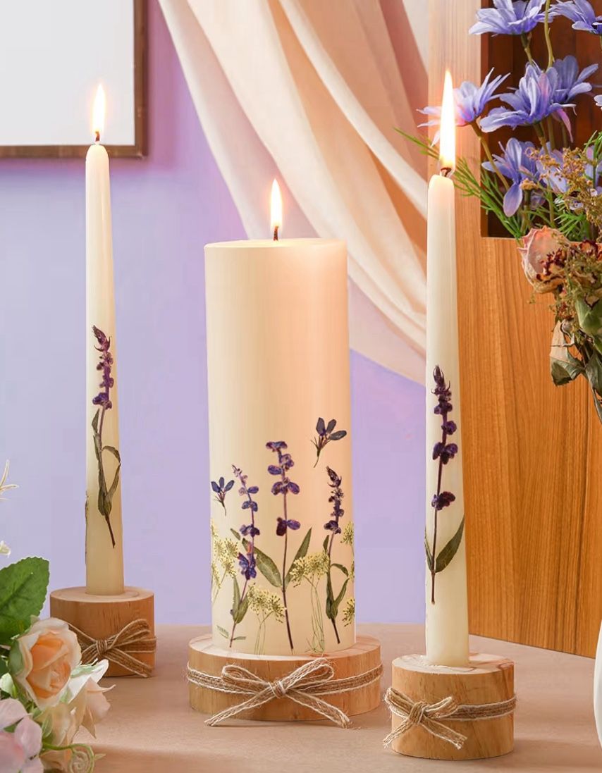 Unity Candle Pressed Lavender Flowers With Wooden Bases