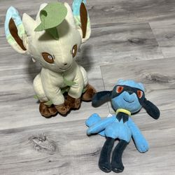 Lot 2 - Pokemon Riolu Plush Stuffed Animal Blue Black 10 Inch Toy & Leafeon 12”