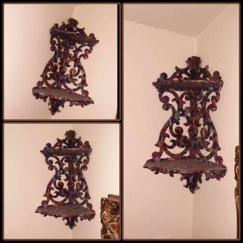 VINTAGE ORNATE WOODEN DECOUPAGE FLORAL FLOWER PAISLEY TWO-TIERED 2 TIER CORNER SHELF LEDGE ACCENT DISPLAY