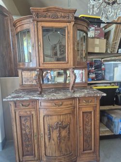 Antique Oak Buffet with Hutch and Marble Top
