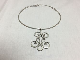 Vintage Late 60’s/ Early 70’s Handmade Sterling Silver Choker With 3” Pendant & Removable Blue & Clear Glass Beads
