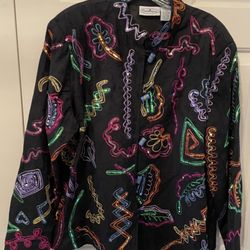  Patchington Black Sequin Embellished Jacket Abstract Art Design Cotton Blend XL