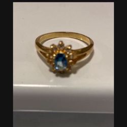 Costume Yellow Gold Blue Topaz/ Diamond Size 8 Ring