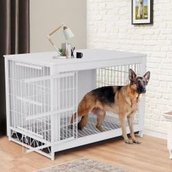 Dog Crate Furniture, 44.1" Wooden Side End Table, Modern Dog Kennel with Double Doors, Heavy-Duty Dog Cage w/Pull-Out Removable Tray, Indoor Medium/La
