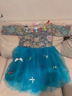 Girls Teal Embroidered Tulle Party Dress