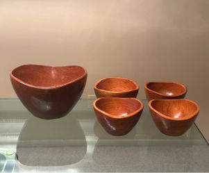 Mid Century Modern Scandinavian Danish Style Solid Teak Wood Set Large 10” Organic Edge Salad Fruit Bowl 4 Small