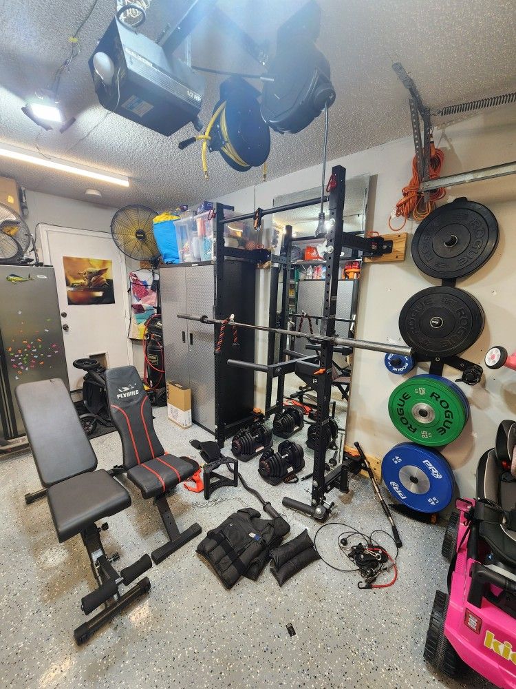 Home Garage Workout Kit FOLDABLE CAGE,cage,system,package,weights,dumbells, Bench,squat Rack
