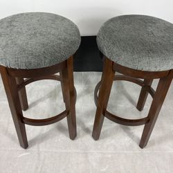 Set of 2 Wood Bar Stools with Gray Cushioned Seats