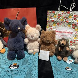 Jellycats! Bashful Elephant And Penguin, Puffle Hedgehog, Little Bear And Pig, Amuseabean Ram