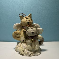 Kurt S. Adler Ceramic Cat Angels Figurine – Two Cats with Wings, Halos & Bells, 3.5” x 3” Vtg
