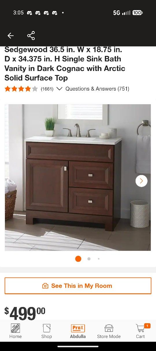 Sedgewood 36.5 in. W x 18.75 in. D x 34.375 in. H Single Sink Bath Vanity in Dark Cognac with Arctic Solid Surface Top