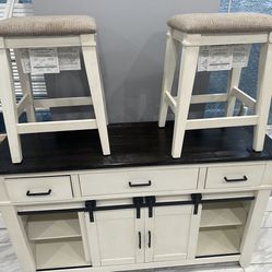 Kitchen Island With Foldable Table , Storage & Benches