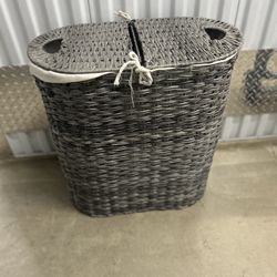 Gray Handwoven Plastic Contemporary Round Oval Double Laundry Room Hamper w/ Removable Liner