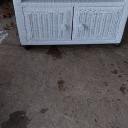 White Wicker TV Cart On Wheels 