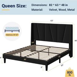Queen Size Platform Velvet Bed Frame with Geometric Wingback Headboard, Boho Upholstered Bed with Wooden Slats Support, No Box Spring Needed, Easy Ass