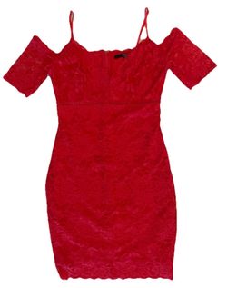 NWT GUESS Marcy Off Shoulder Lace Bodycon Mini Dress Red Lava Small Cocktail
