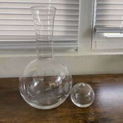 Vintage Tall Clear Decanter with Etched Flower and Glass Ball Top