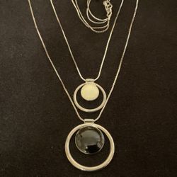 42”+ SilverTone Multi-strand Necklace With Opened Circle Pendant With Metallic Stones( Black & White)