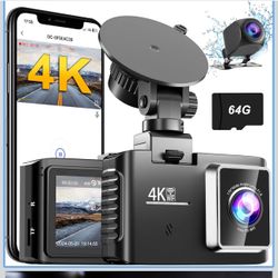 Dash Cam Front and Rear, 4K/2.5K 30fps Dash Camera for Cars with 5GHz WiFi, 64GB SD Card, 2’’ IPS Screen, Night Vision, 170°Wide Angle, Loop Recording