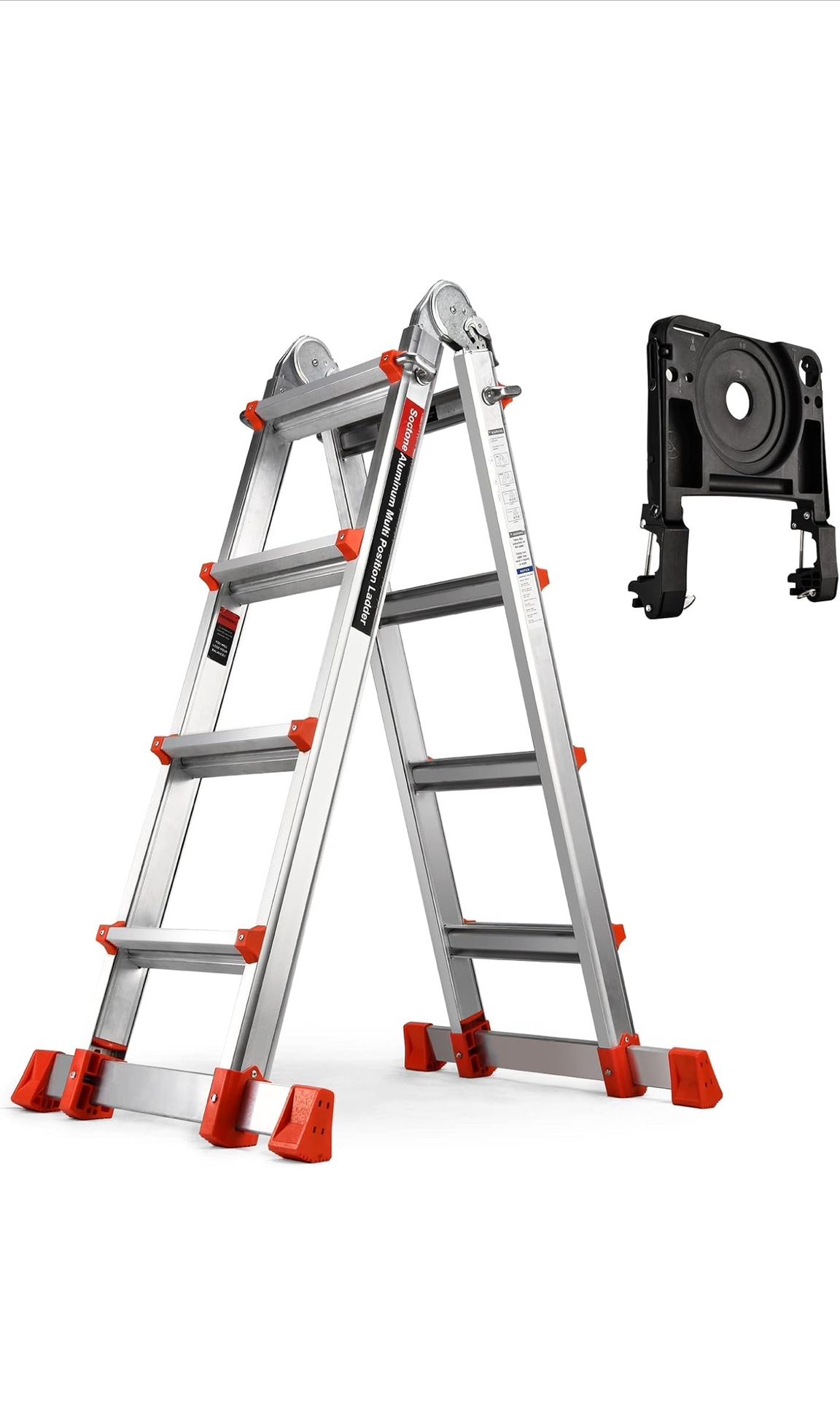A Frame 4 Step Extension Ladder, 14 Ft with Multi Position & Removable Tool Tray with Stabilizer Bar, 330 lbs Weight Rating Telescoping Ladder for Hou