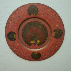 VINTAGE Peacock Brass and Enamel Wall Plate