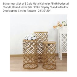 Set of 3 Gold Metal Cylinder Pedestal Stands