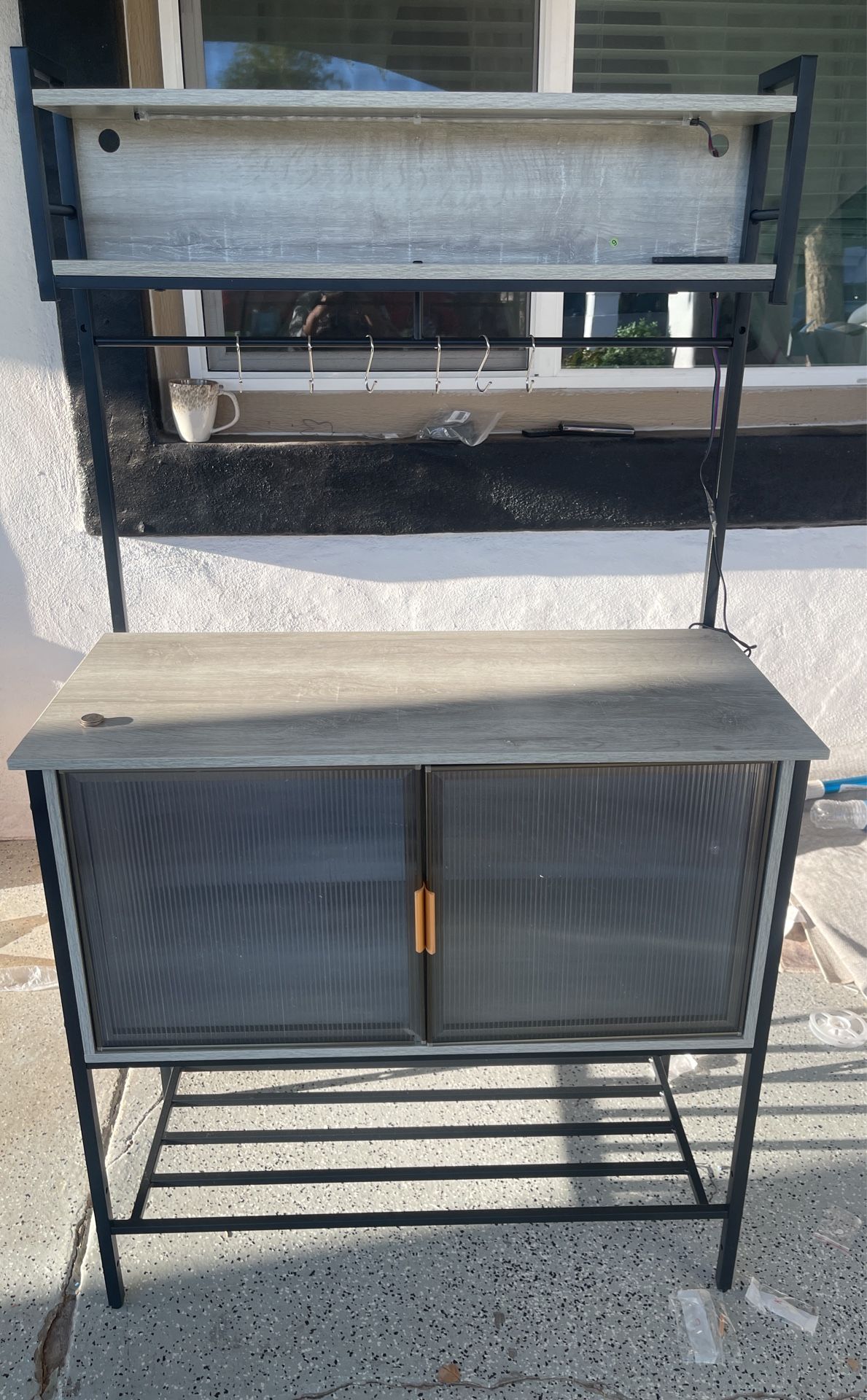 Bestier Coffee Bar with Storage, 5 Tier Microwave Stand with LED Lights, Kitchen Bakers Rack with Cabinet, Heavy Duty Storage Shelves for Kitchen Gara