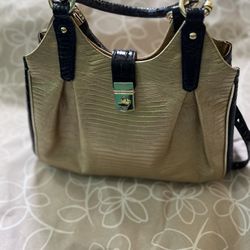 Brahmin Textured Gold Purse w/ Blue Accents & Clasp Closure