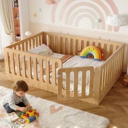 Solid Wood Montessori Floor Bed for Kids with Playful Door Design