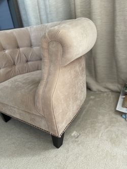 Beige Velvet Tufted Barrel Accent Chair with Nailhead Trim