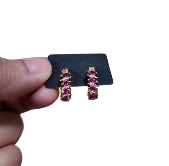 Vintage PAJ BB China Sterling Gold Plated Ruby Diamond Vermeil Hoop Earrings