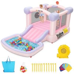 Adnoom Pink Bounce House, Inflatable Bounce Castle for Kids 3-10, Children's Indoor/Outdoor Jumping House with 470W Blower, Wide Slide, Ball pit, 50 O