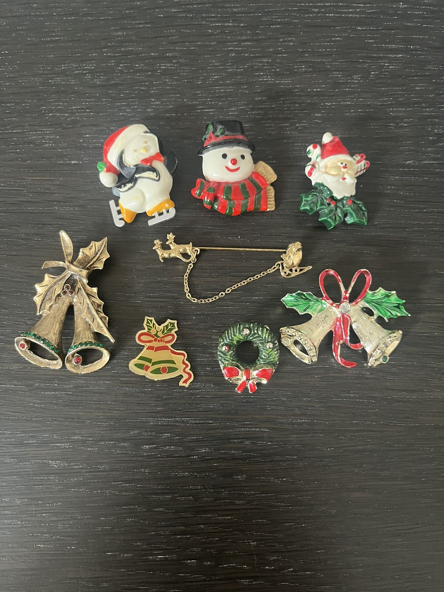 Beautiful Vintage Christmas Holiday Pins Brooches Santa Frosty Penguin Gold Bells Wreath Santa and Sleigh!!!