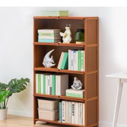 4 Tier Bookcase with Acrylic Doors, Bamboo Display Shelf Organizer Stand Save Space for Children's Student, Bedroom, Home, Office, Brown