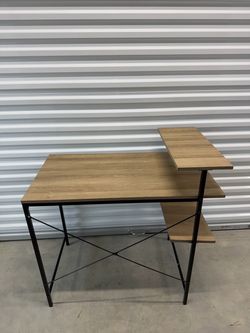 Modern Computer Desk with Storage Shelves – Wood & Black Metal