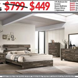 4pc Bedroom Set $449 Queen $499 Eastern King Includes bedframe Dresser mirror nightstand Grey Brown Multicolor Bedroom Set