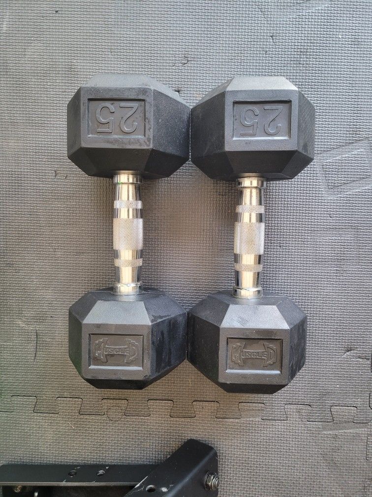 Rubber Coated Hex Dumbbells (2x25Lbs) for $50 Firm (WALNUT 91789)
