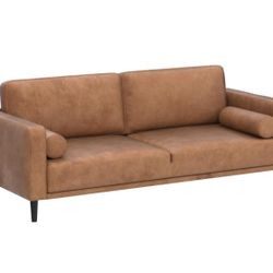 79” Mid-Century Modern Couch, Breathable Faux Leather Couch with Upholstered Cushions/Pillows- Brown