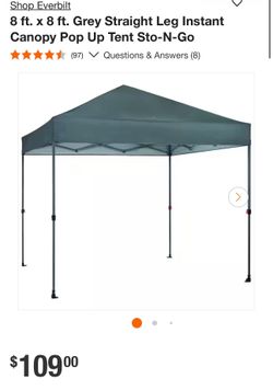 Everbilt 8x8 Grey Instant Pop Up Canopy Tent