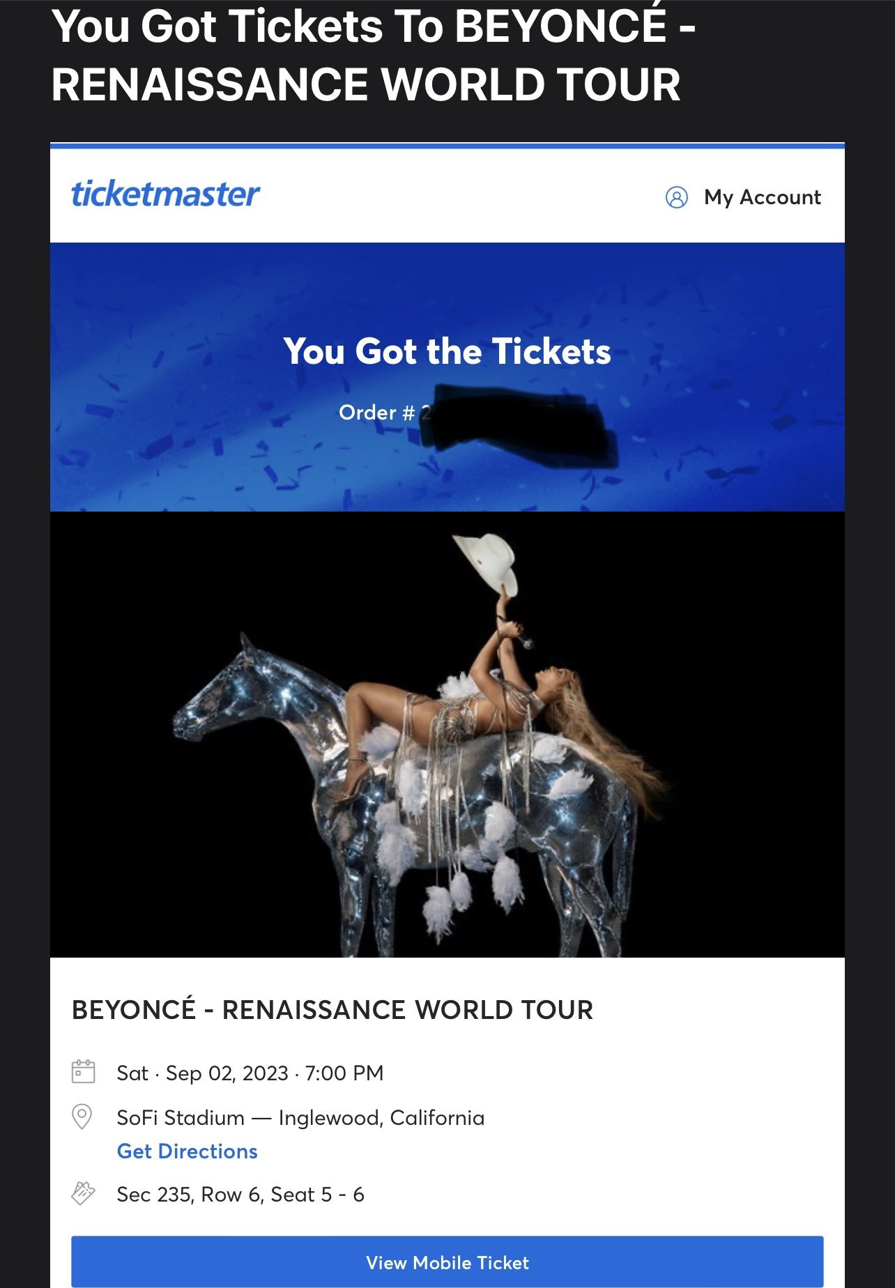 Beyonce Renaissance World Tour (2) Tickets Saturday Sept 2 for Sale in ...
