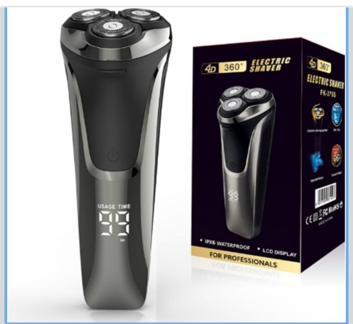 3-3 Electric Razor for Men, 4D Rotary Shaver, IPX7 Waterproof, Wet/Dry Use, LCD Display, Fast Charging (2PCS