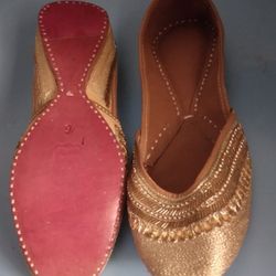 Flat Leather Gold And Brown Flats Shoe