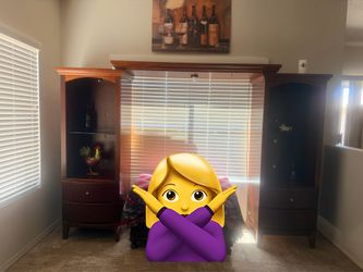 Cherry wood finish entertainment center with adjustable sides
