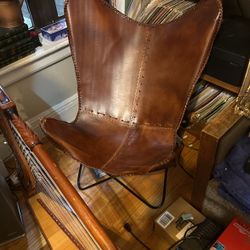 Mid-Century Natural Leather Butterfly Chair With Wrought Iron Frame