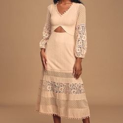 Lulus Modern Menagerie Blush Lace Cutout Long Sleeve Midi Cottagecore Dress Sz L