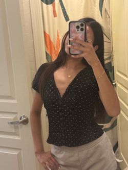 Black Polka Dot Lace Trim Button-Up Top