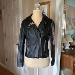 Girls Faux Leather Black Jacket Embroidered Humming Bird & Flowers Size L