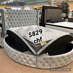 Black Friday Gray Queen Size Round Bed Frame With Storage Drawers 