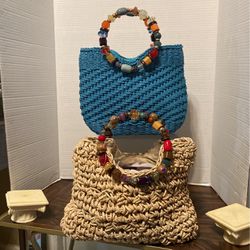 Vintage Cappelli Straworld, Inc. Women Straw  Bag Purses, Turquoise & Beige Jewel Handles