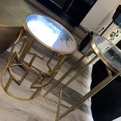 Two Gold Mirror Side Tables 